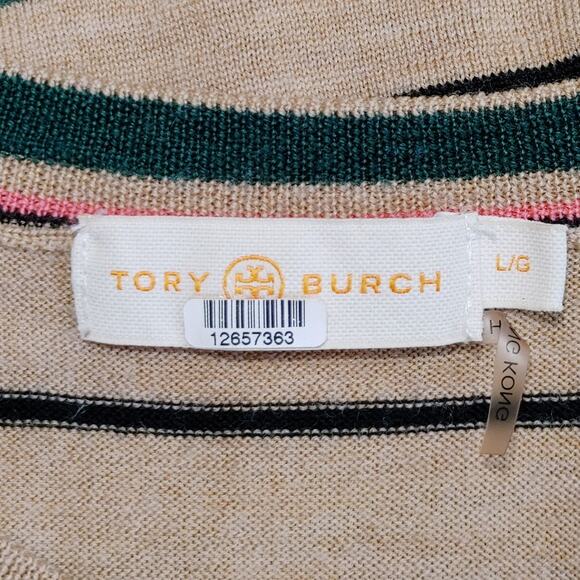 Tory Burch Striped Madeline Merino Wool Pullover Sweater Brown Green Womens L - Picture 6 of 8